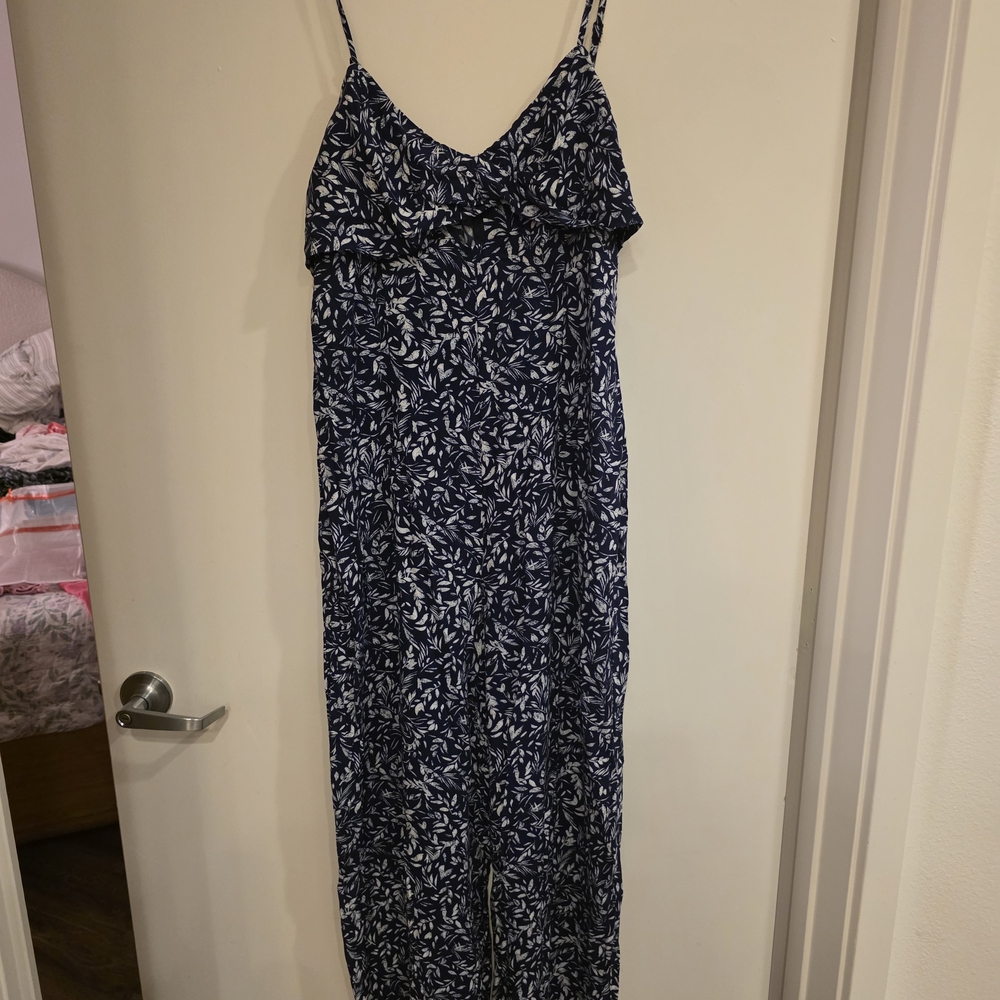 Aqua Navy and White Leaf-Print Jumpsuit